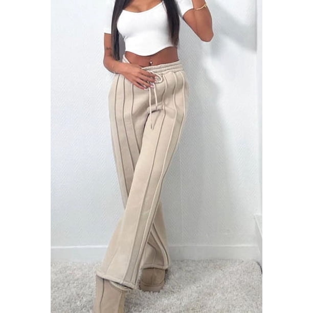 Pantalones deportivos retro americanos de otoño e invierno para mujer, pantalones anchos y rectos con rayas verticales y cordón gris, pantalones deportivos holgados de cintura alta