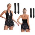 thumbnail image 6 of iiniim Women Sequins Latin Dance Outfits Sleeveless Tassel Leotard Fringed Tango Salsa Dance Dress with Gloves Black M, 6 of 7