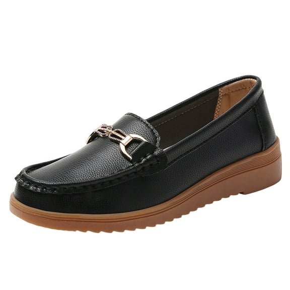 Black Womens Comfortable Flats With Round Toe And Metal Detail Breathable Design For Everyday Use