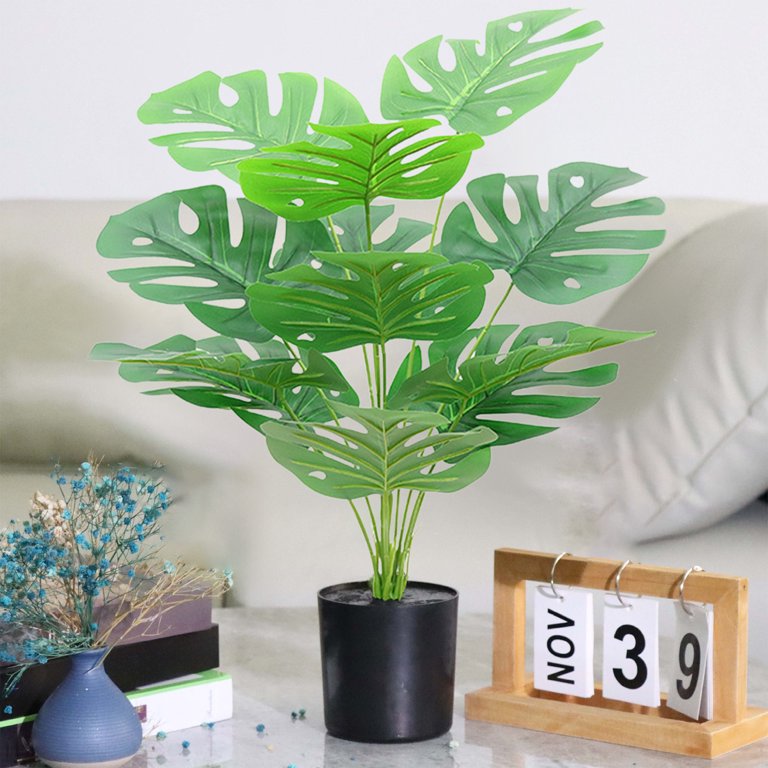 Artificial Turtle Leaf Plant - 60cm Faux Tropical Monstera Potted Plant for Indoor Outdoor Decoration, Green Plastic Silk Fabric Leaves with Vase