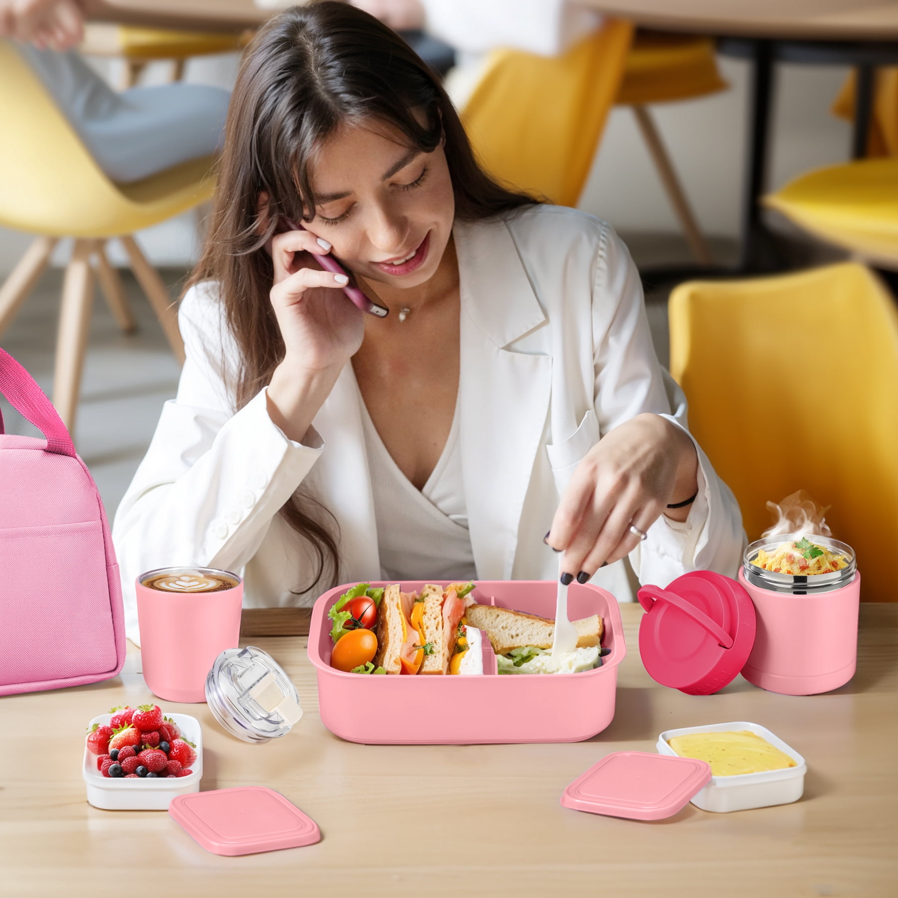 Bento Lunch Box Set with 10.5oz Soup Thermo for Adults Kids, Leak-proof Food Jar Lunch Container with 4 Compartment, Stainless Steel Coffee Tumbler with Lunch Bag for School Travel Office Pink