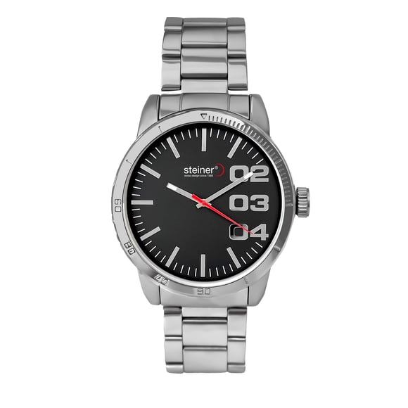 Reloj De Caballero Extensible de Acero Inoxidable Steiner 44 mm Bisel Plateado Fondo Negro