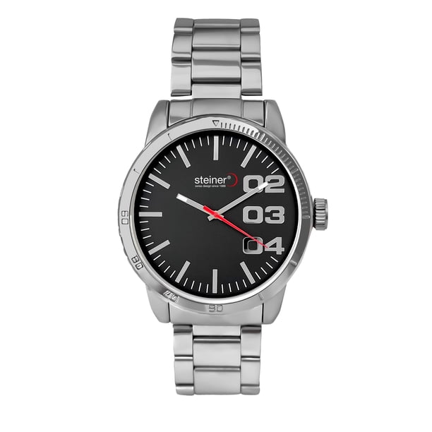 Reloj De Caballero Extensible de Acero Inoxidable Steiner 44 mm Bisel Plateado Fondo Negro