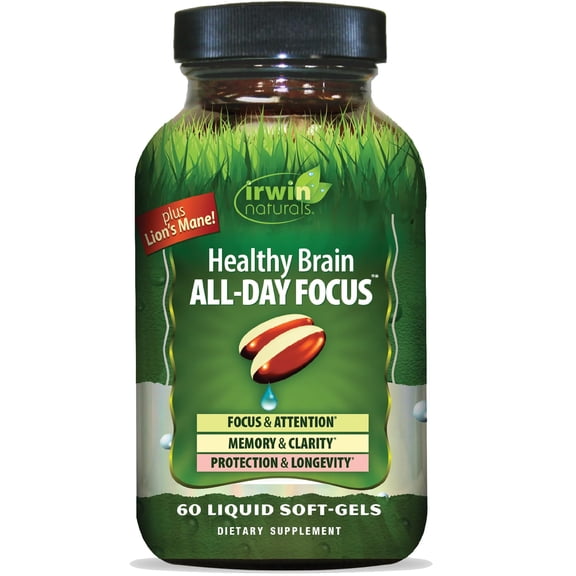Irwin Naturals Healthy Brain All-Day Focus - 60 Liquid Soft-Gels - Boosts Mental Performance & Promotes Long-Term Brain Health - 30 Servings
