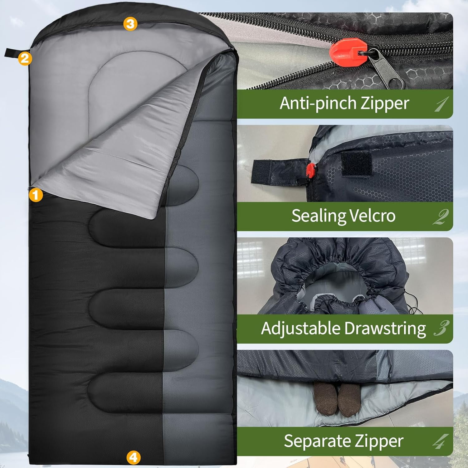 XL 10 Degree Sleeping Bags Waterproof for Adults 350GSM Machine Washable with Compression Sack 3-4 Season Camping Outdoor