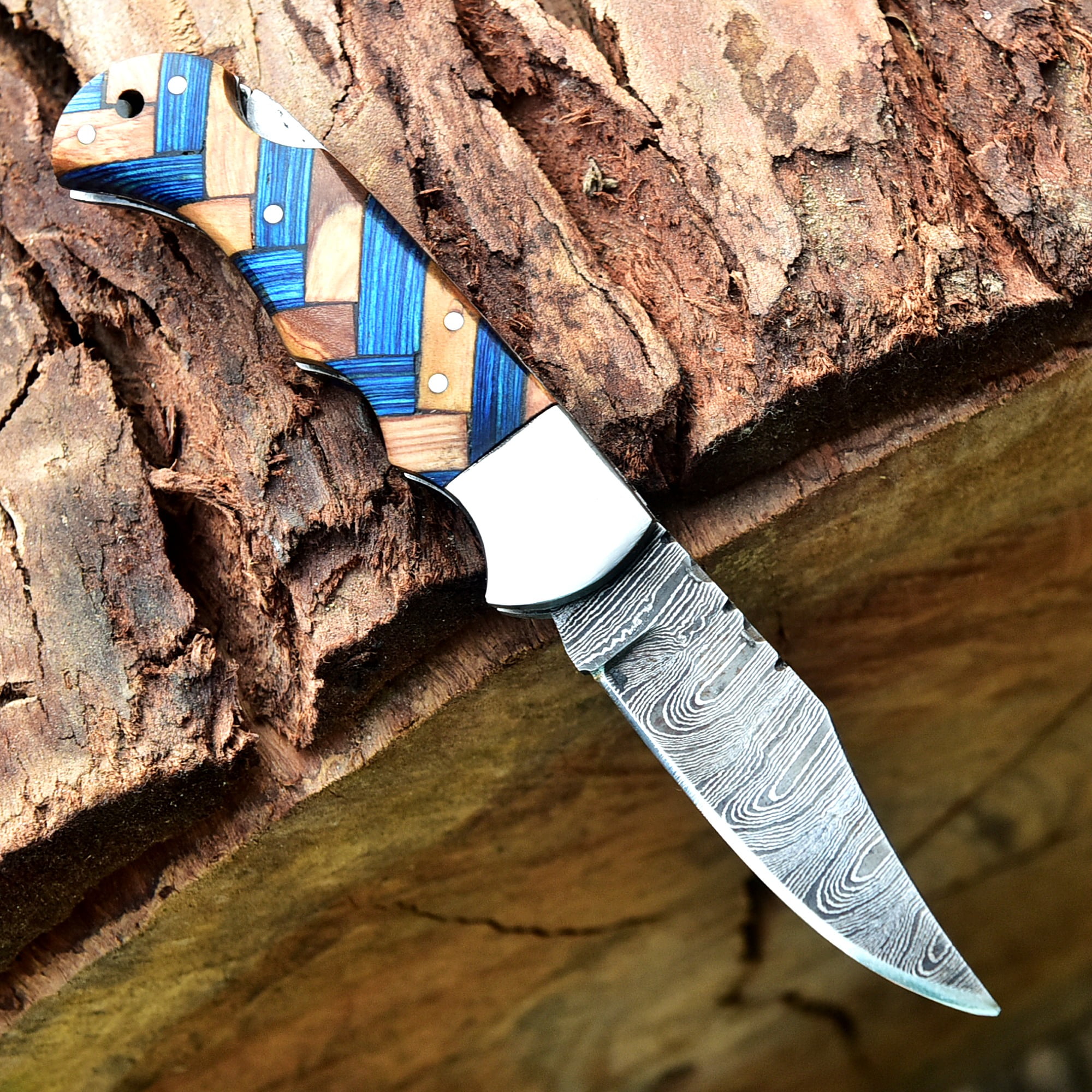 Custom Handmade Damascus Steel Folding Knife/Pocket Knife SS-170482 (Blue and Olive  Wood)