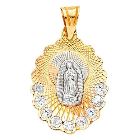 - Jewels By Lux 14K White Yellow And Rose Tri Color Gold Our Lady of Guadalupe Virgin Mary Cubic Zirconia CZ Pendant 20mm X 14mm
