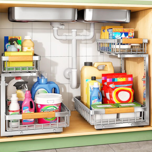 Organizador para debajo del fregadero Kitstorack de acero inoxidable, 2 niveles deslizantes