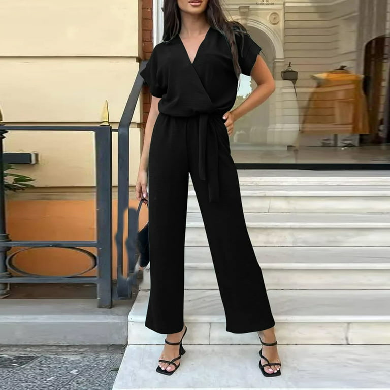 Zodggu Womens Fashion Women Jumpsuit Summer 2023 Trendy Casual Short Sleeve  Pockets Wrap V-Neck Belted Wide Leg Pants Rompers Comfy Dressy Young Girls  Love Black L 