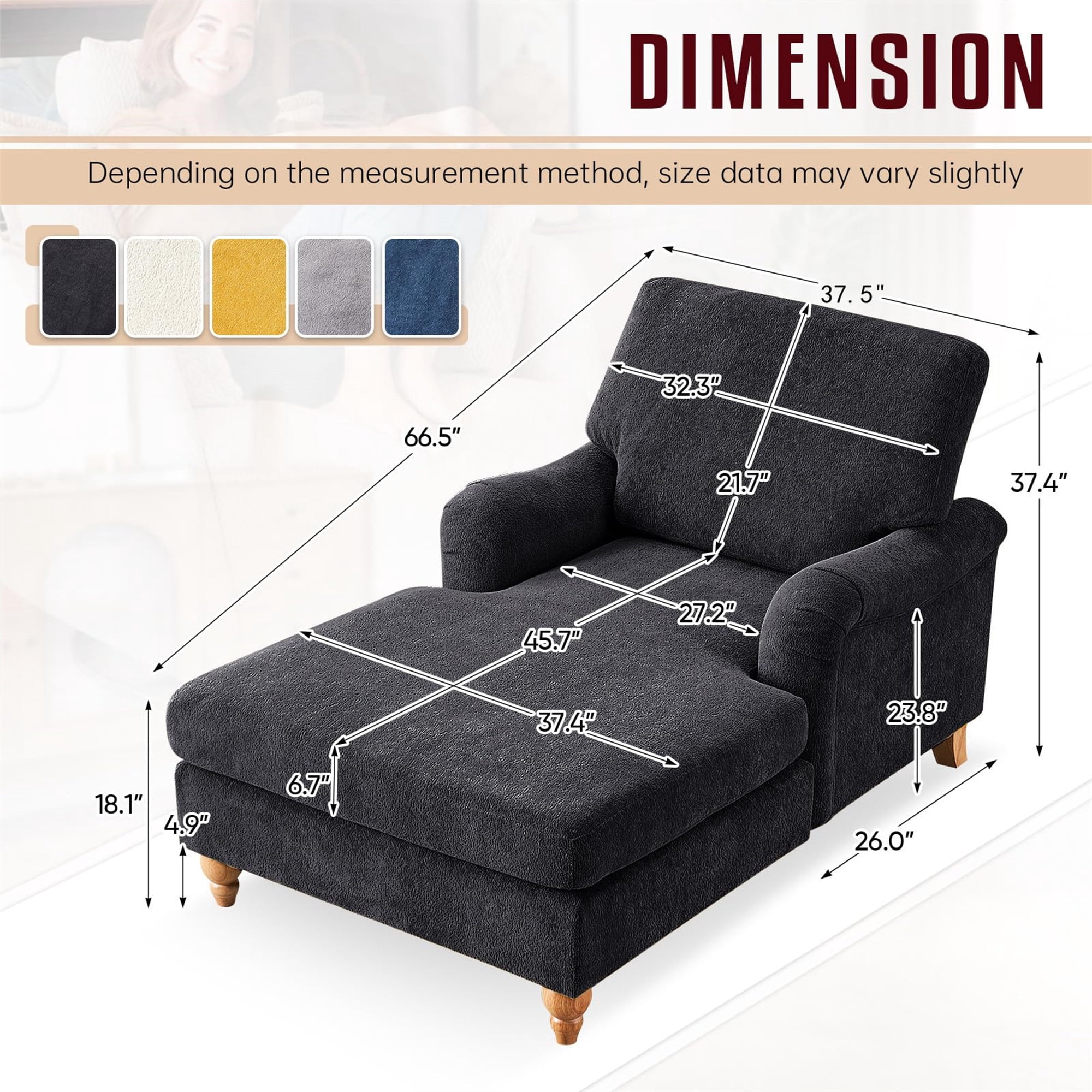 Aukfa Modern Oversized Chaise with Adjustable Backrest, Sleeper Chair Sofa Recliner for Living Room, Black