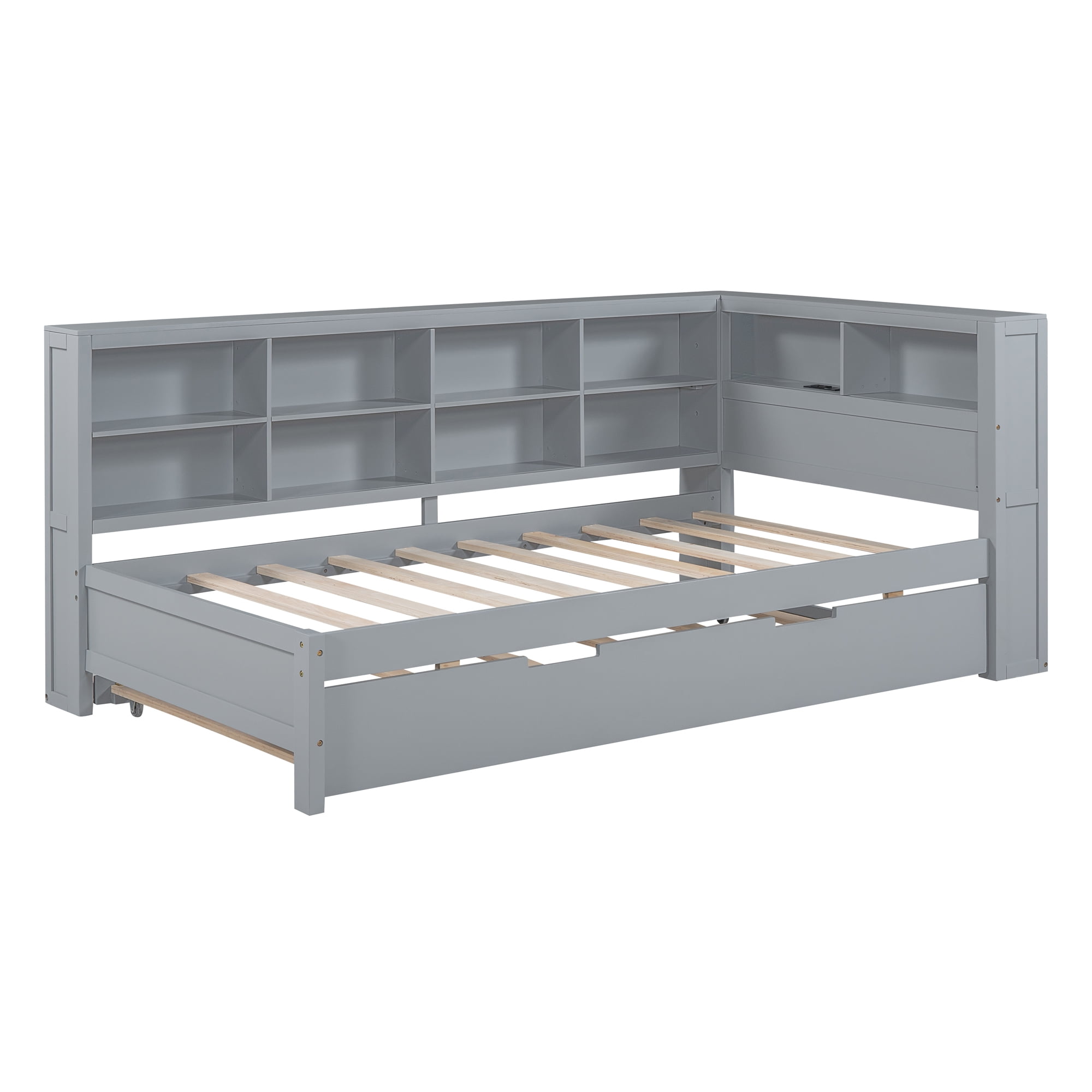 Mintazer Modern Twin Daybed Frame with Trundle, USB Charging Station & Storage Shelves for Bedroom, Grey