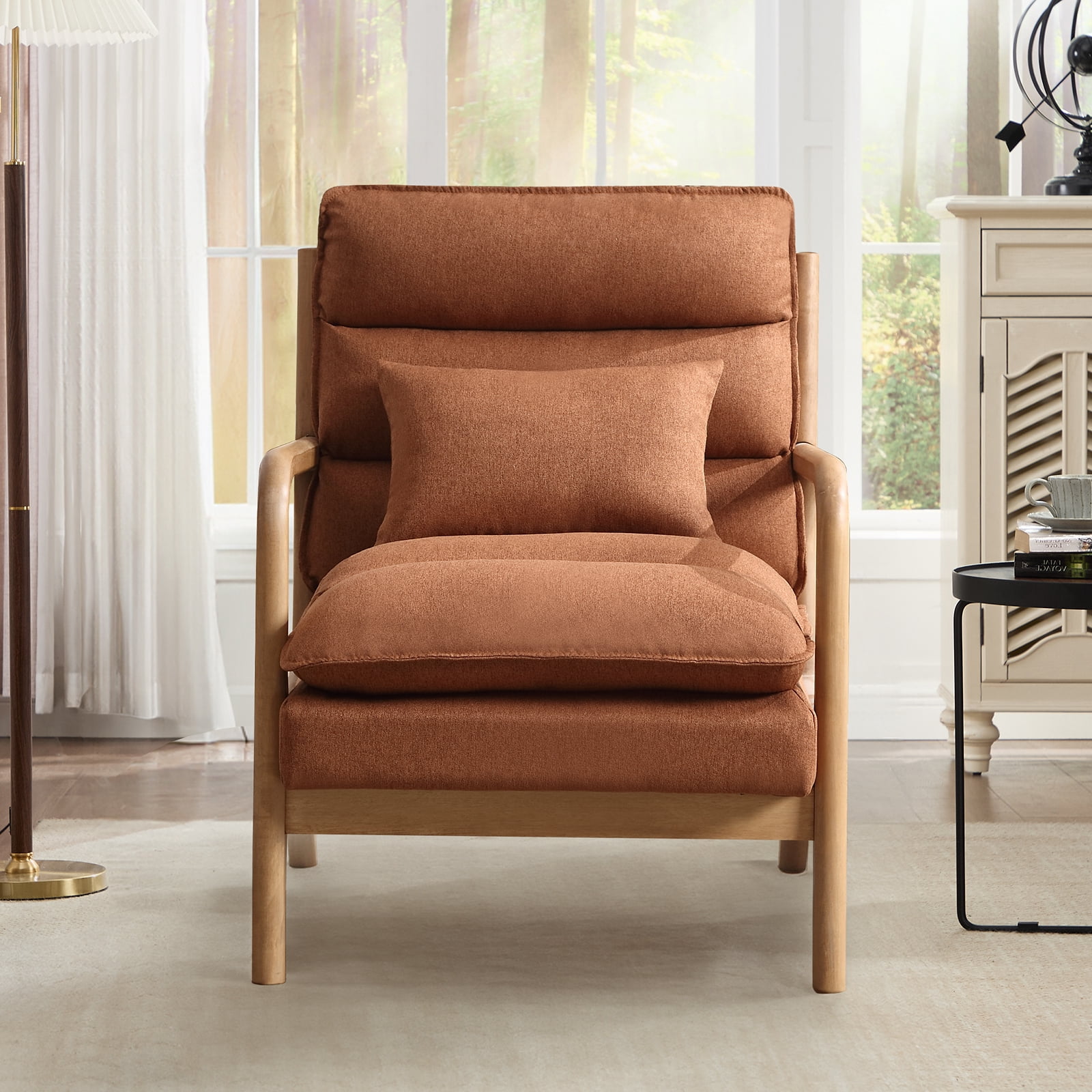 Ebello Mid Century Modern Accent Chair, Double-Padded Reading Armchair with Wood Frame & Lumbar Cushion for Living Room, Bedroom & Office, Brown