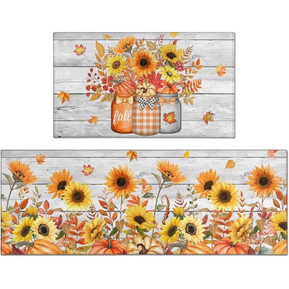 Fall Kitchen Rugs Set of 2,Fall Entrance Door Mat Pumpkin Sunflower Non Slip Kitchen Rug for Kitchen Floor Waterproof Washable Rug Runner for Fall Thanksgiving Kitchen Laundry 17x30 17x47In