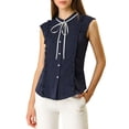 thumbnail image 2 of Unique Bargains Femmes Cravate Cou Cap Manches Bouton Bas Chemise d'Été à Volants, 2 of 7