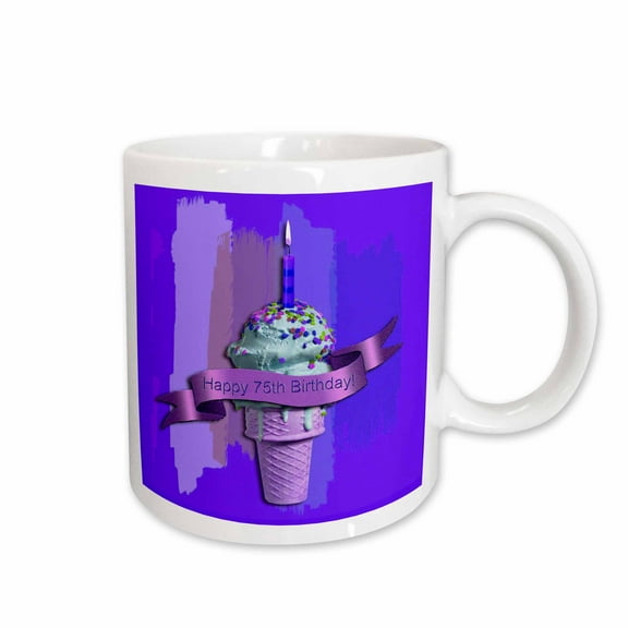 3drose, Happy 75th Birthday, Strawberry Ice Cream Cone on Abstract, Purple, 15oz Mug
