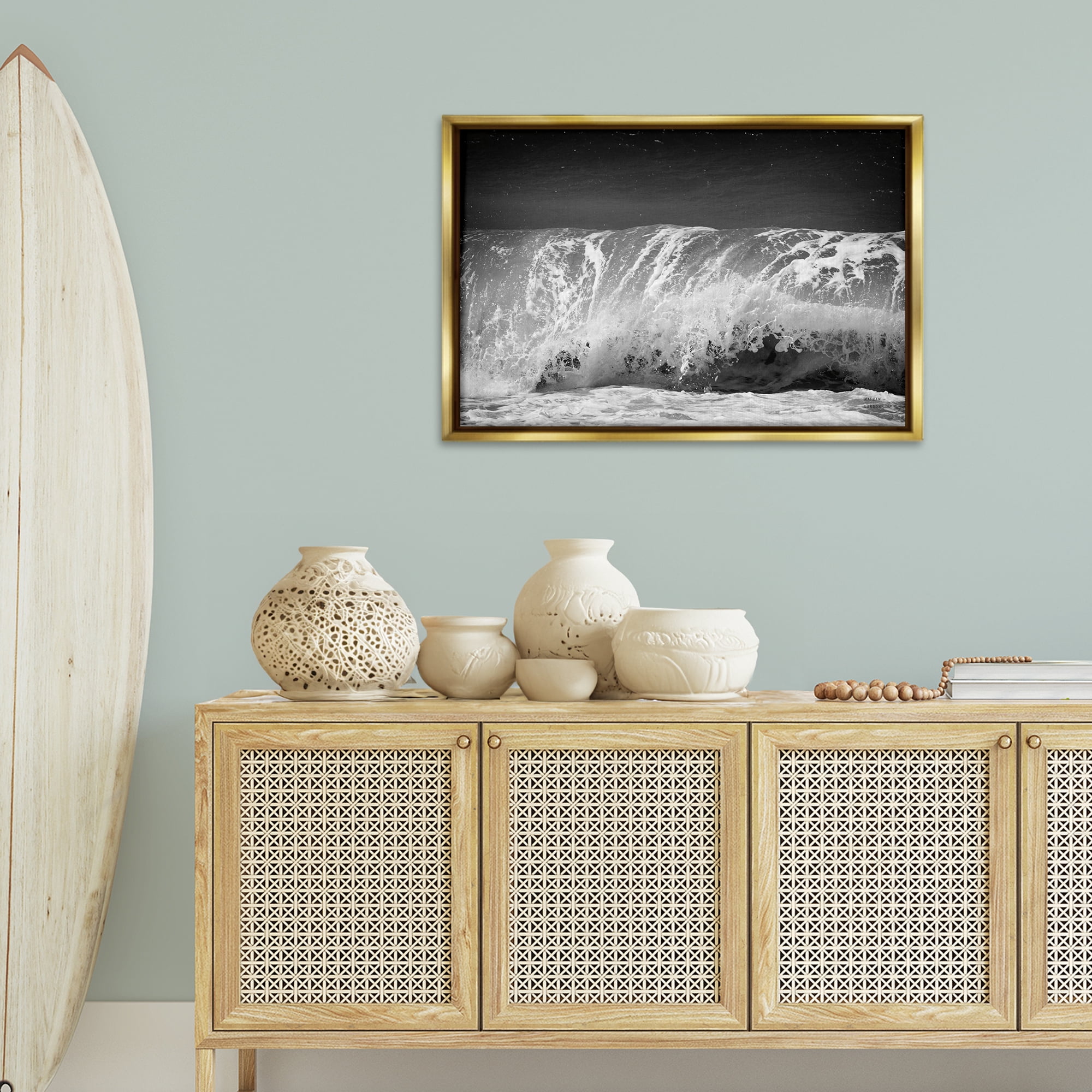 Stupell Industries Rolling Waves Night Sky Landscape Photography Gold Floater Framed Canvas Art Print Wall Art, 31 x 21