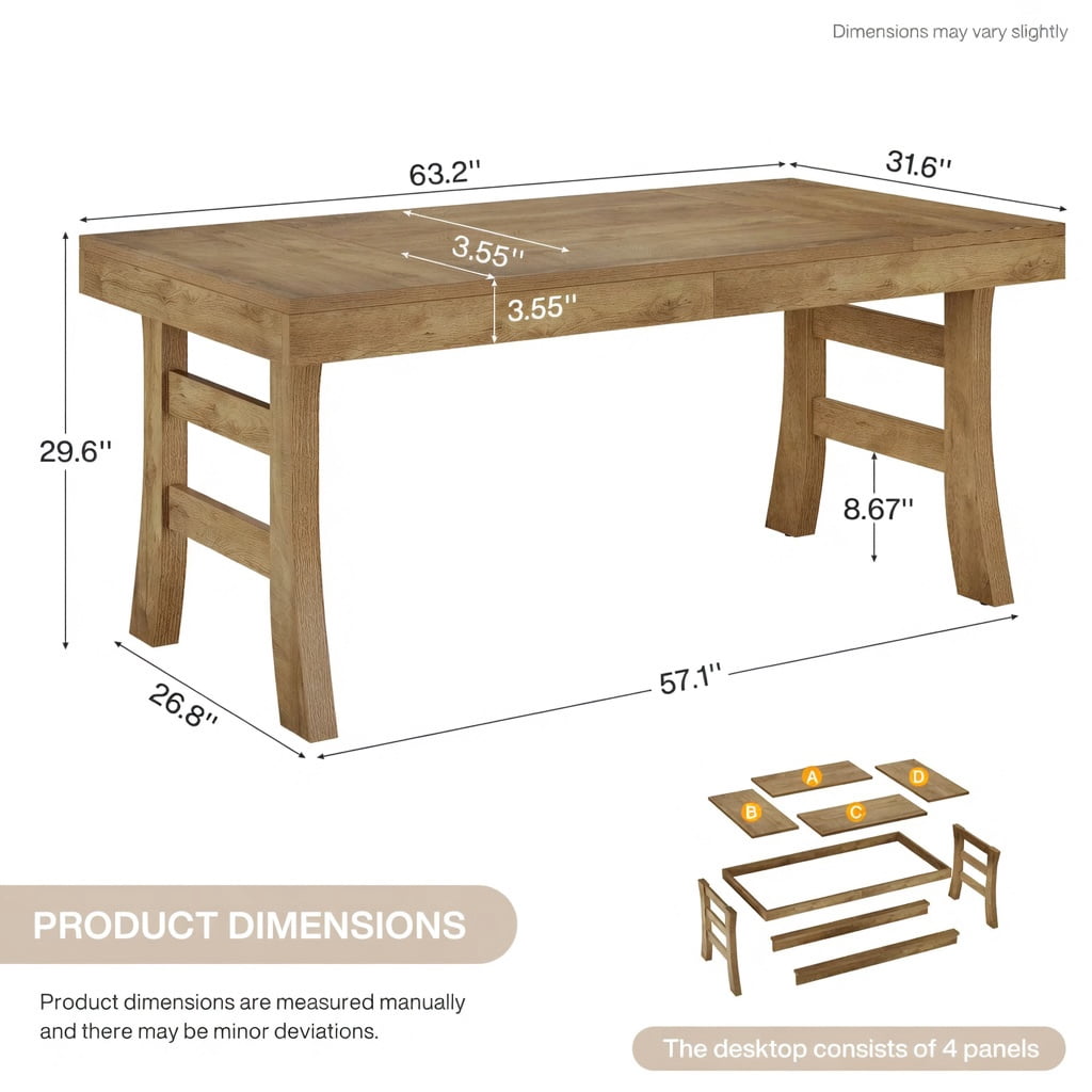 Hommoo 63 Inch Farmhouse Dining Table for 4-6 People, Rustic Wood Grain Rectangular Kitchen Table with Modern Leg Design, MDF Construction, Natural