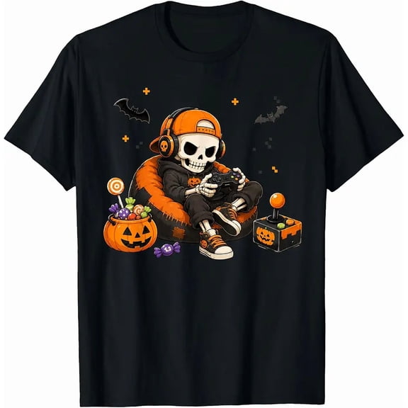 Halloween Skeleton Video Gamer Gaming Game Pumpkin Boys Kids T-Shirt