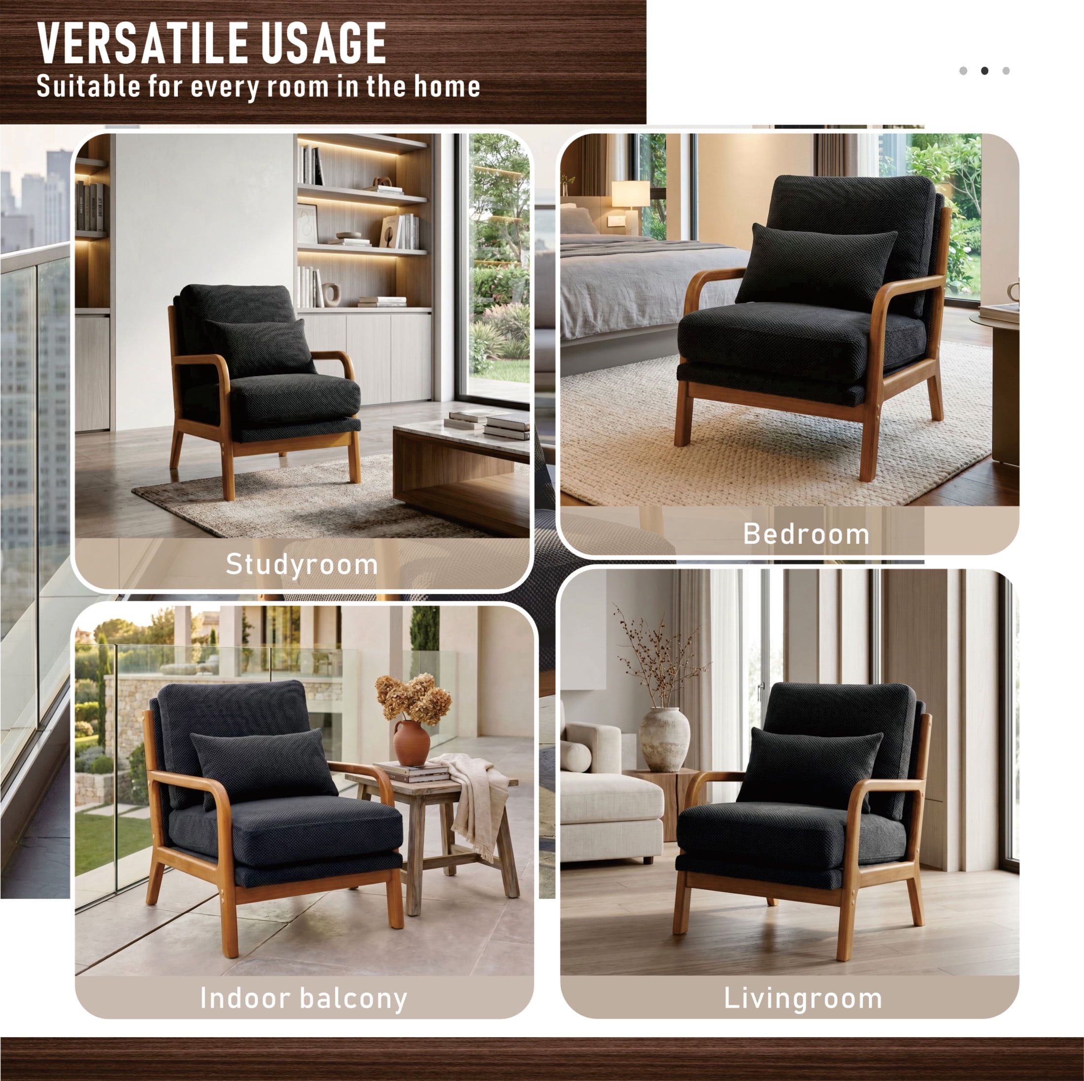Noble House Mid-Century Modern Lounge Chair, Upholstered Accent Armchair with Solid Wood Frame, Dark Gray