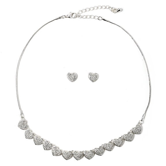 Silver Crystal Rhinestone Heart Shape Stud Earrings & Heart Line Necklace Jewelry Set