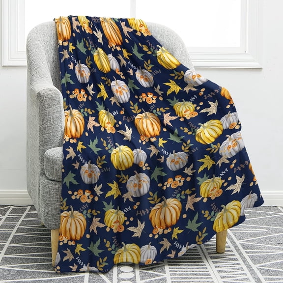 Pumpkin Blanket Leaves Print on Blue Background Gifts for Women Kids Girls Home Bedroom Living Room Decor Soft Cozy Lightweight Fall Harvest Thanksgiving Halloween Throw Blankets 60"x80"