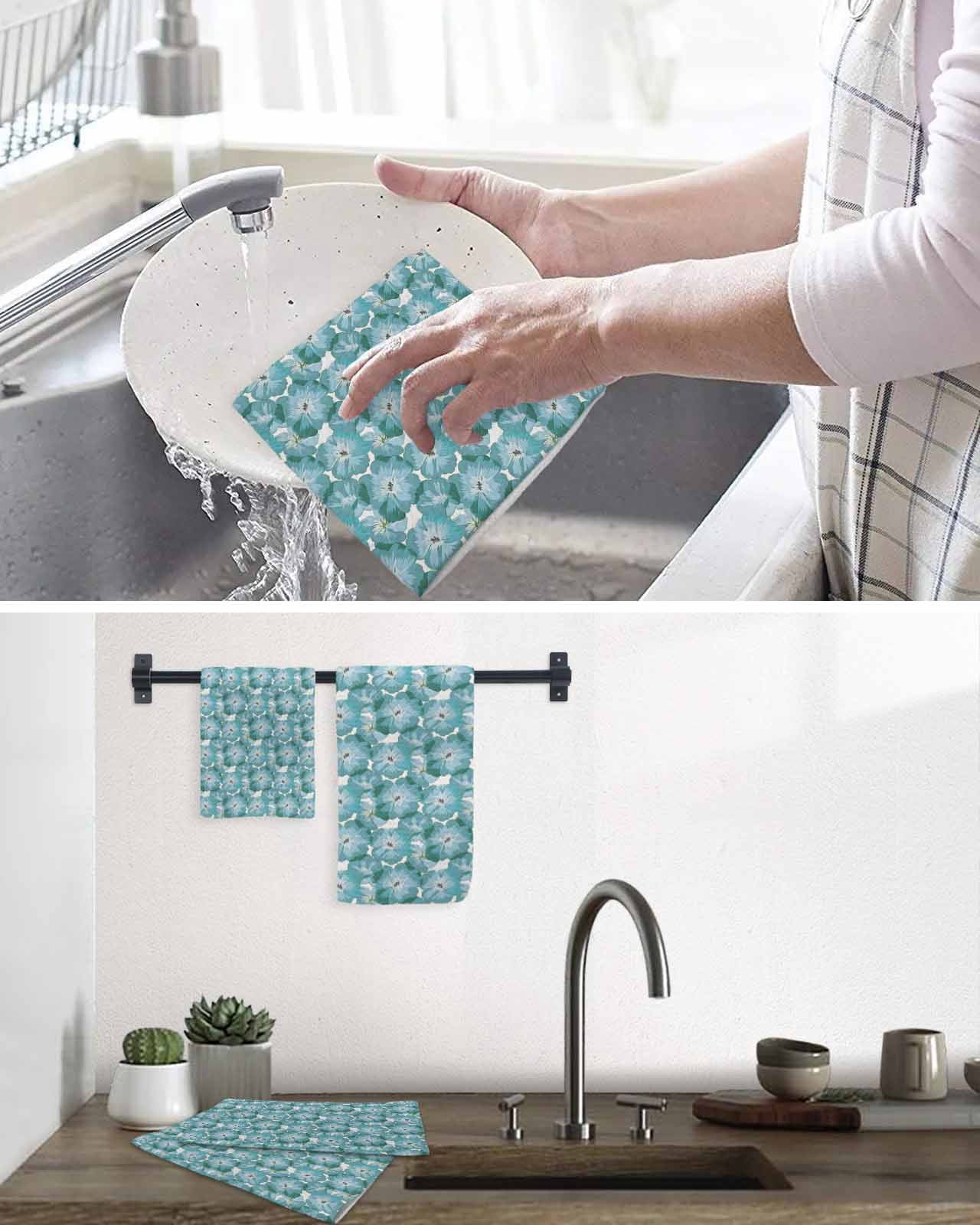 Summer Turquoise Flower Kitchen Dish Towels for Drying Dishes Set of 2, Spring Floral Botanical Rustic Waffle Weave Microfiber Terry Hand Tea Bathroom Towels Quick Dry & Absorbent Towel 15.7x23.6