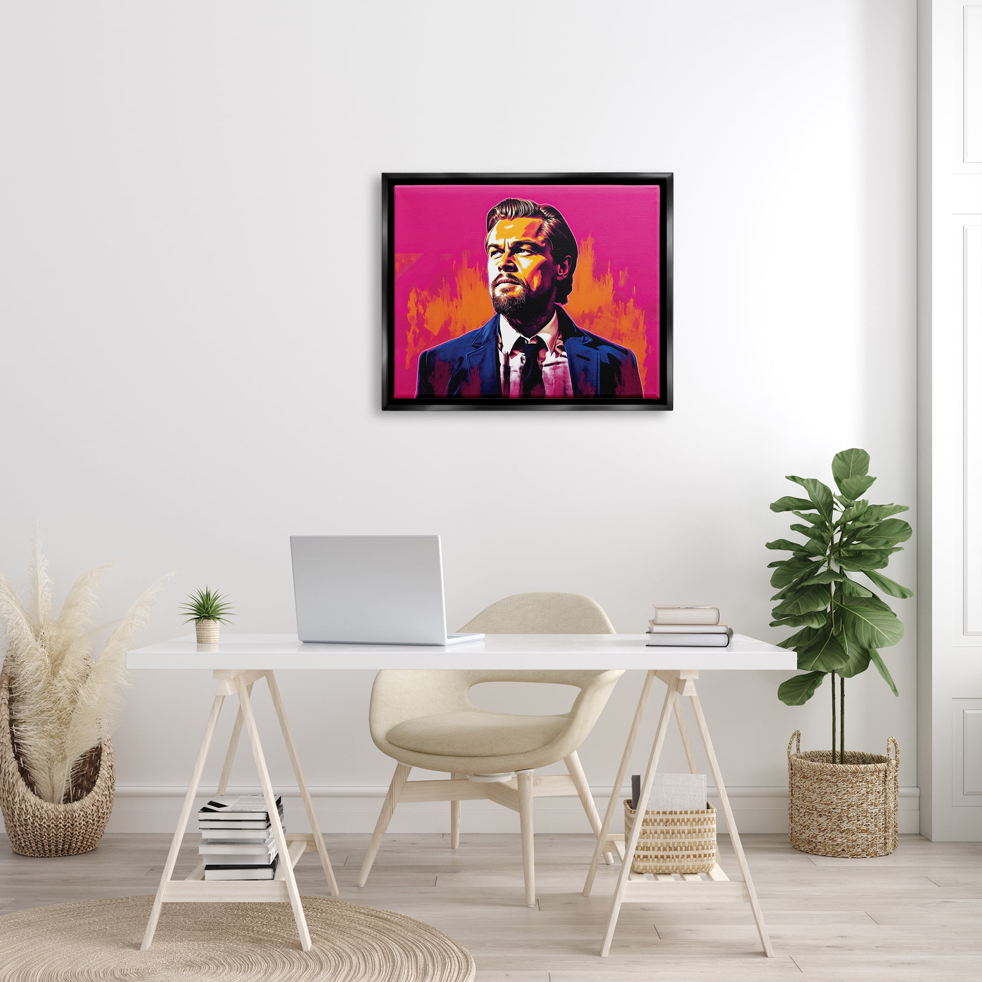 Stupell Industries Leonardo DiCaprio on Pink Abstract Painting Black Floater Framed Art Print Wall Art, 31 x 25