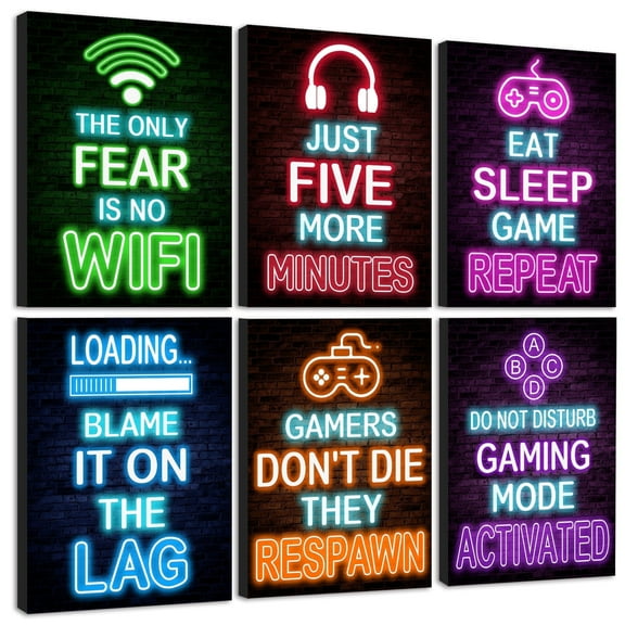 Drsoum Neon Gaming Room Wall Decor Teenage Boys Room Art Video Gamer Room Poster 12x16in6pcs Natural Framed