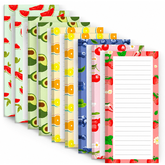 9 Pack Magnetic Notepads for Refrigerator, Fruit Design Grocery List Pads, 25 Sheets Each, Full Magnet Backing, Shopping & Meal Planning Pads