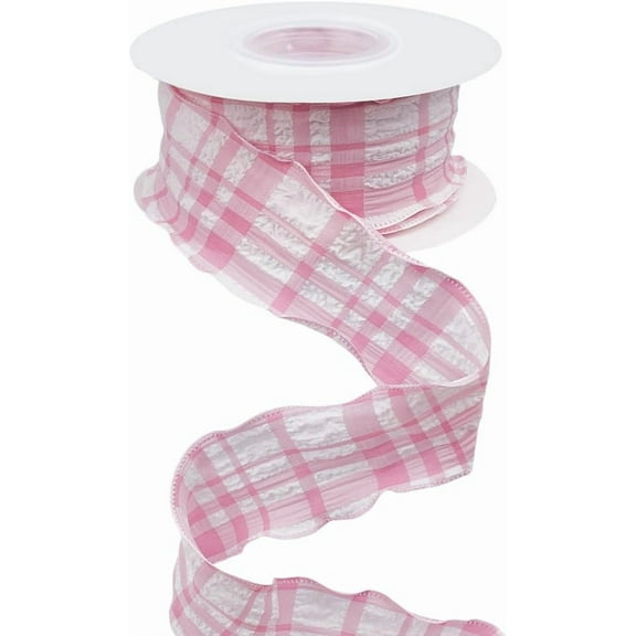 10 Yards 5/8 Inch Pink Plaid Ribbon Checkered Ribbon Wired Gingham Double Chiffon Ruffled Edge Polyester Ribbons with Spool for Gift Wrapping Wedding Invitations Bouquets Diy Christmas Decor
