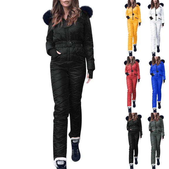 Sunnin Womens Jumpsuit Solid Color Hooded Zip Closure Fitted Waist with Pockets Padded Ski Suit