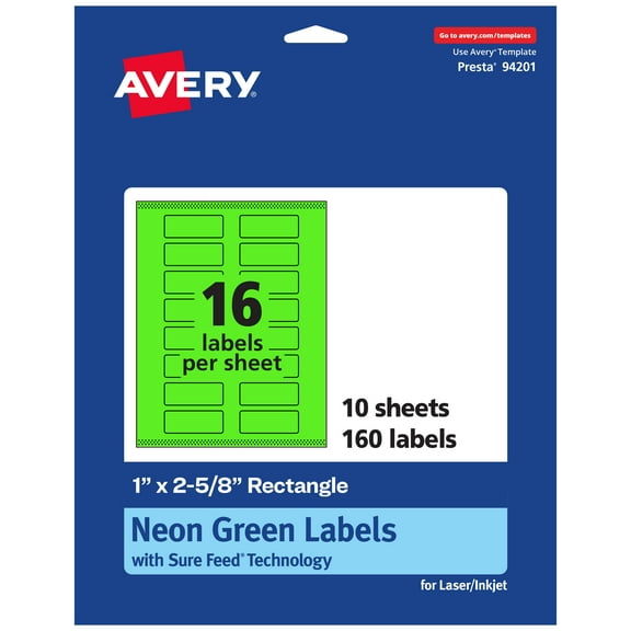 Avery Printable Rectangle Labels, Neon Green, 1" x 2-5/8", 160ct