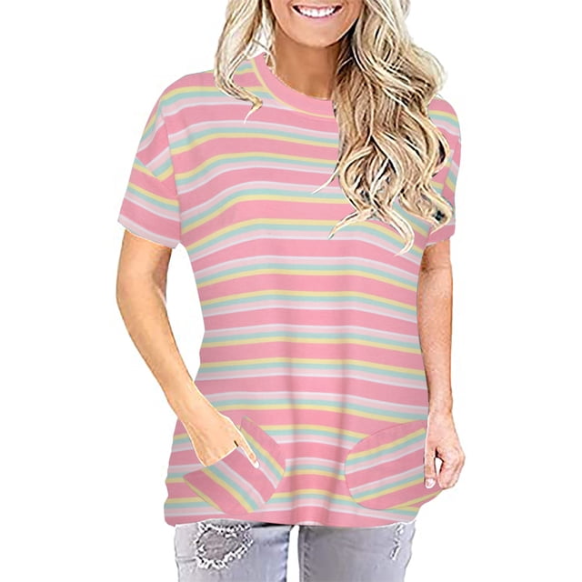 Pompotops Femmes Blouse Nouvelle Poche à Rayures Manches Courtes Tops