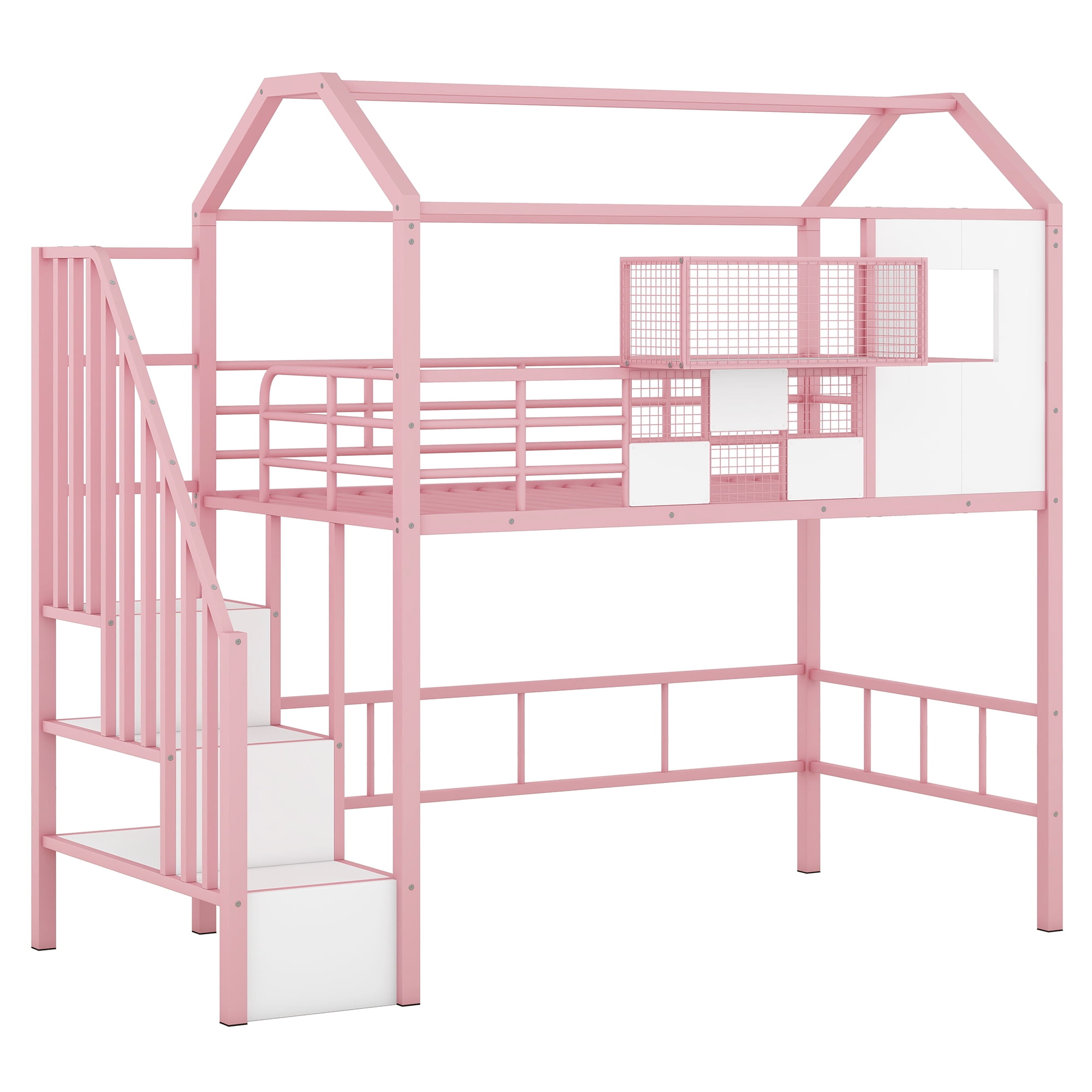 Euroco Twin Loft Bed with Cabinet, Solid Metal House Bed for Kids Teens, Pink