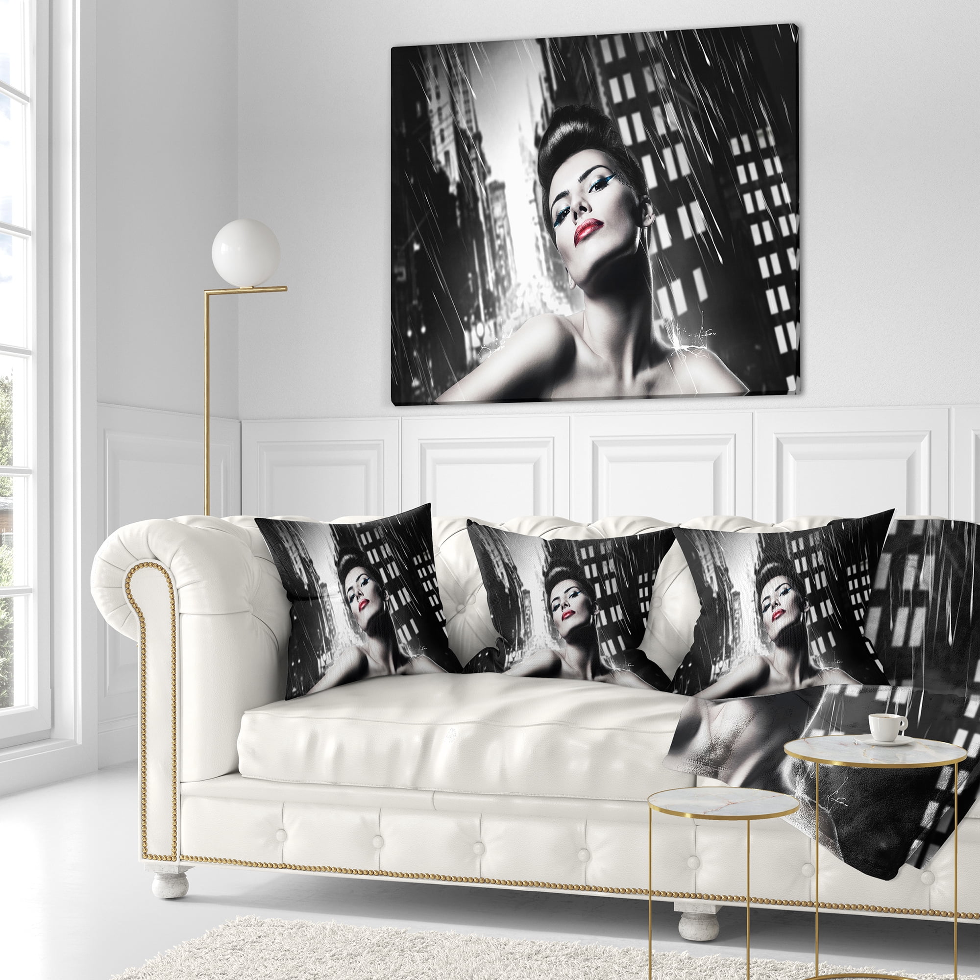 Designart Brunette Woman with Red Lips - Woman Portrait Throw Pillow - 16x16