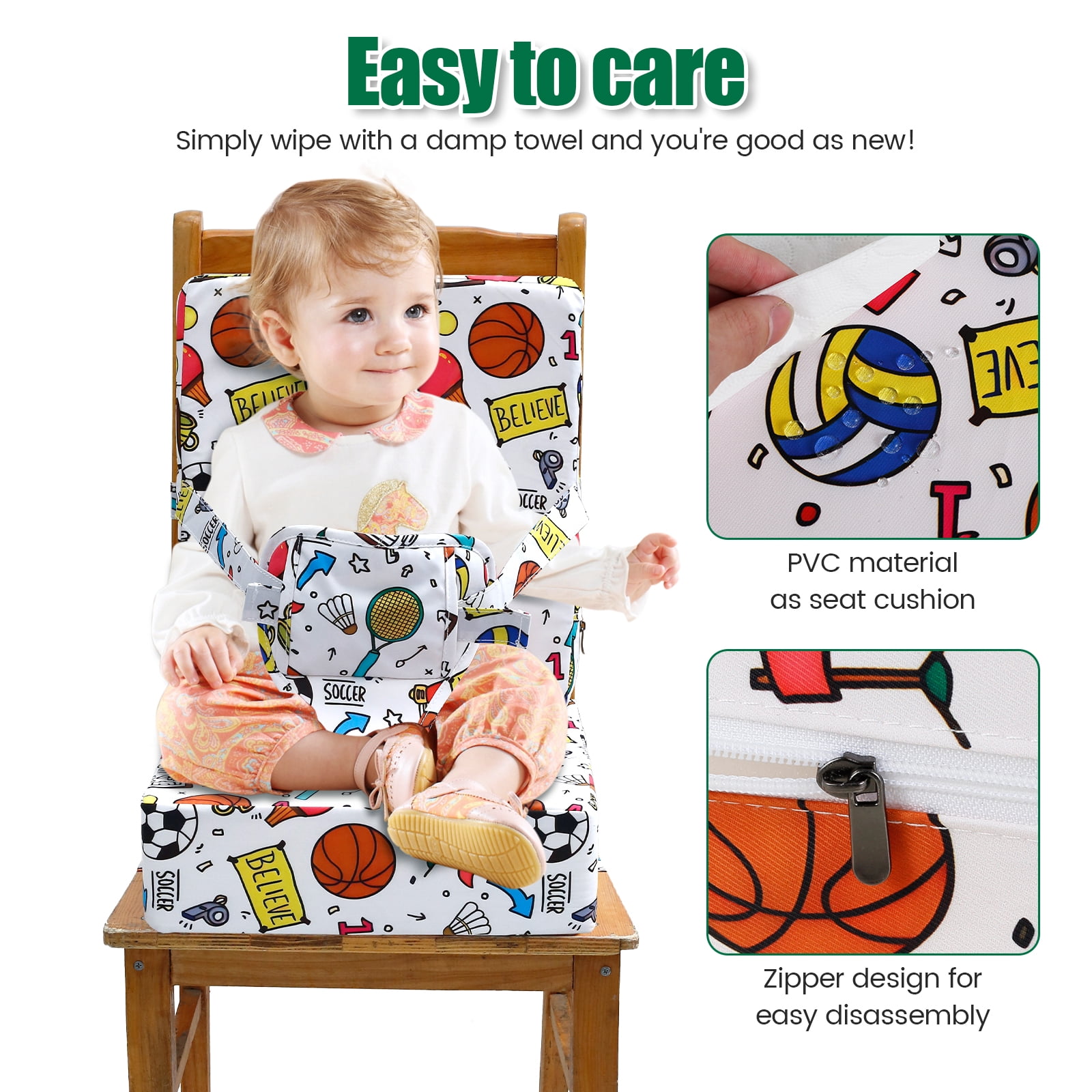 Dznils Toddler Booster Seat for Dining Table, with Backrest, Safety Buckles, Non-Slip Bottom, White