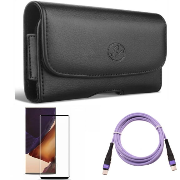 Purple 6ft PD Cable & Screen Protector & Case Belt Clip for Samsung Galaxy Note 20 Ultra (6.9") - Combo with Type-C to USB-C Long Charger Cord & Tempered Glass (Fingerprint Unlock) & Leather Swivel