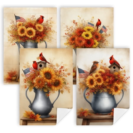 Kitchen Towels for Fall A metal pitcher filled with sunflowers and a cardinal sitting on top of a stool Set of Four 16 by 24 in Reusable Towel