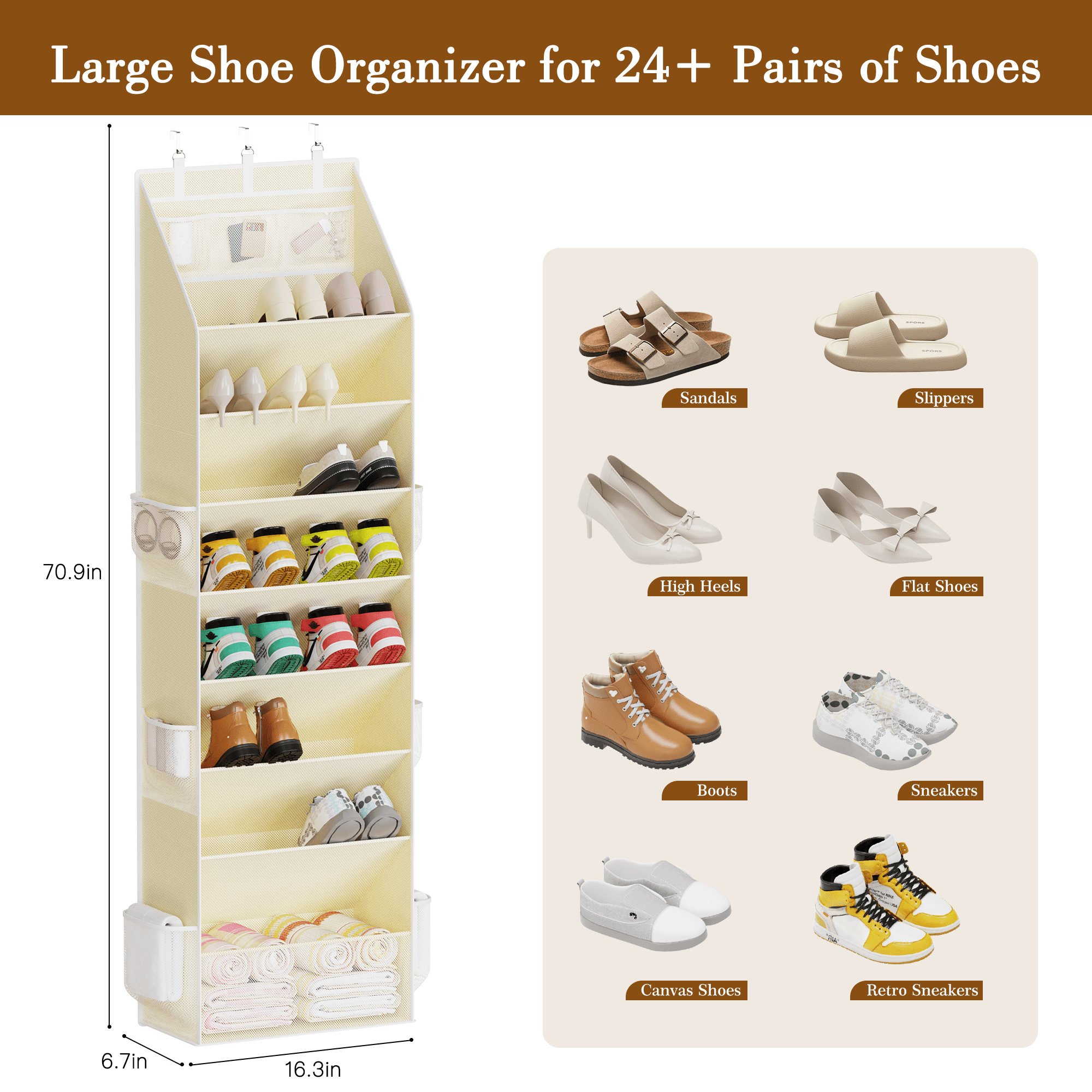 Criusia Over the Door Shoe Organizer, Hanging Shoe Storage with Deep Pockets ,Ideal for Sneakers, Heels, Boots, Fits 16-24 Pairs of Shoes, Beige