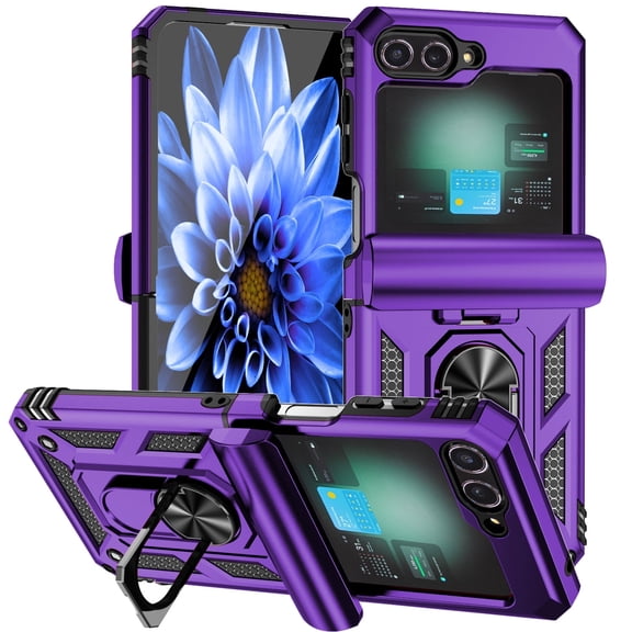 for Samsung Galaxy Z Flip 7 FE / Z Flip 6 Case with Ring Holder Kickstand, Hinge Protection Heavy Duty Shockproof Rugged Protective Phone Cover,Purple