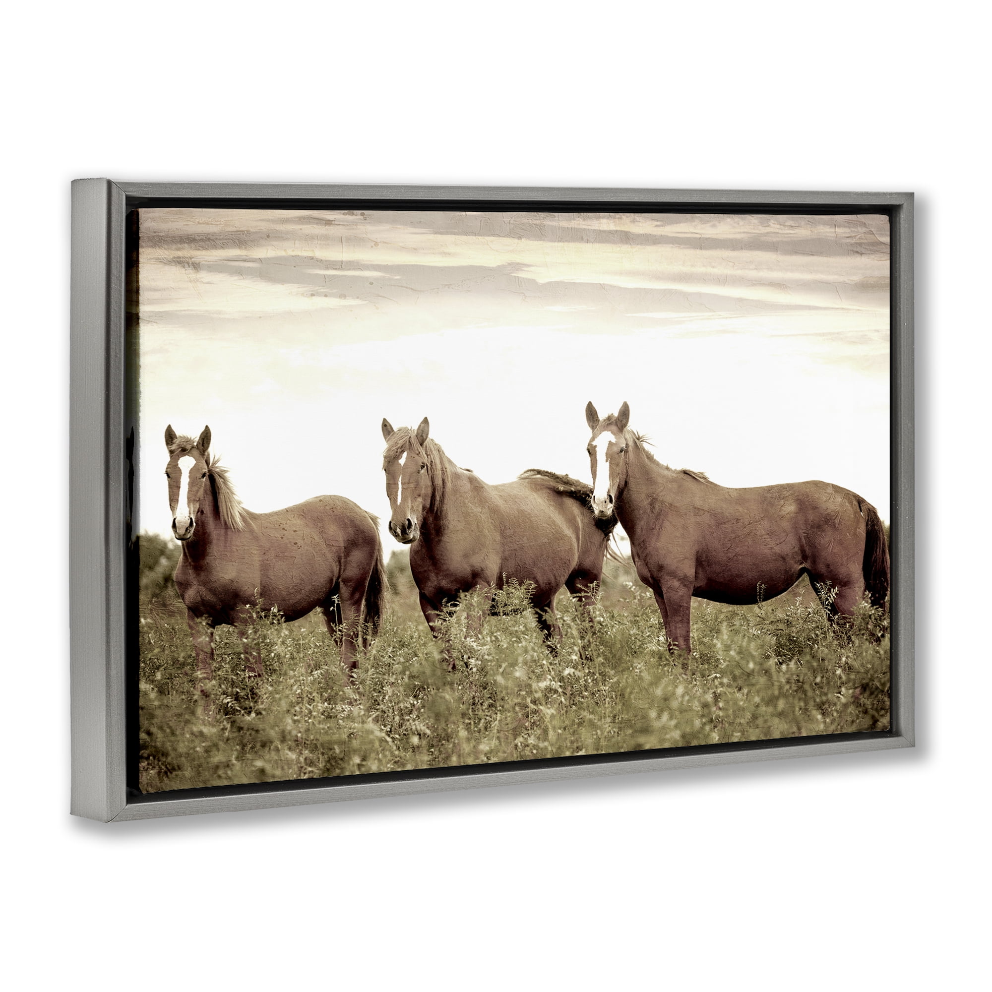 Stupell Industries Horse Trio Gaze Animals Painting Gray Floater Framed Canvas Art Print Wall Art, 31 x 21