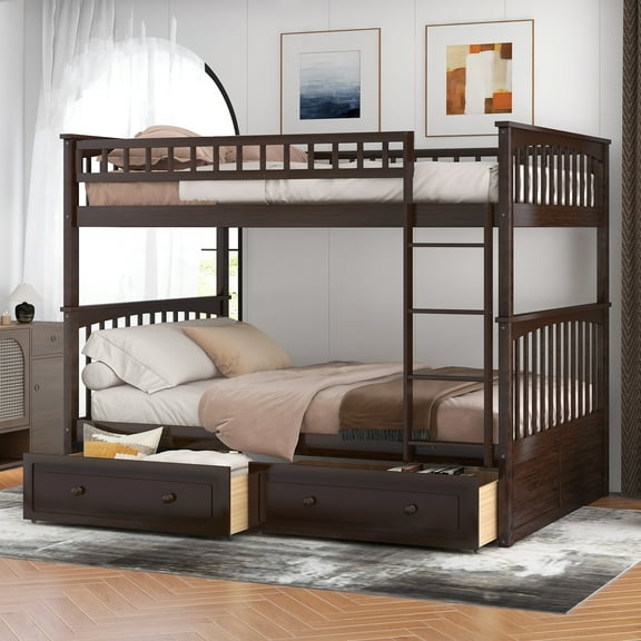 Full over Full Bunk Bed with Drawers, Convertible Beds, Espresso