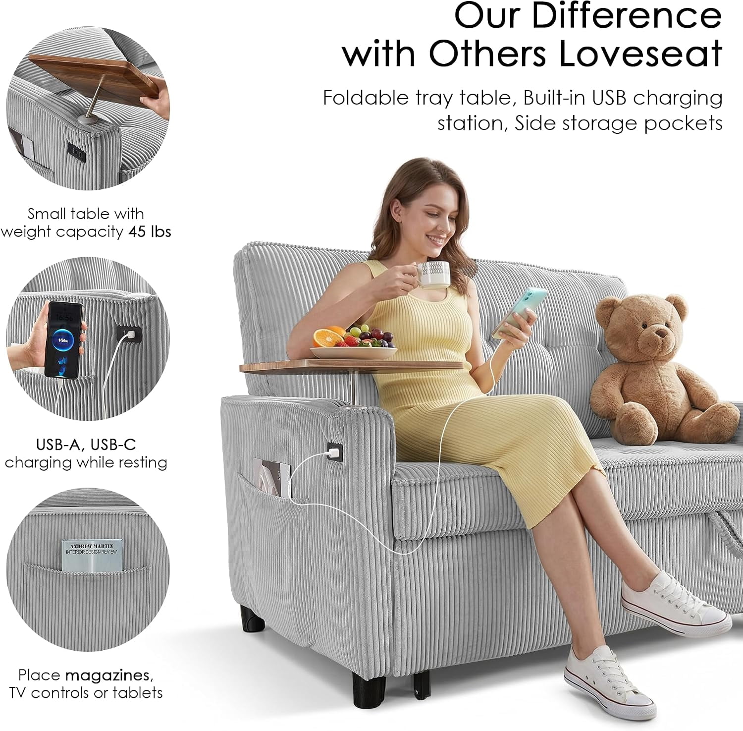 55" Sleeper Sofa Bed, Convertible Pull Out Couch with Side Stand, USB Ports, Side Pockets, Corduroy Fabric, Adjustable Backrest, Light Grey