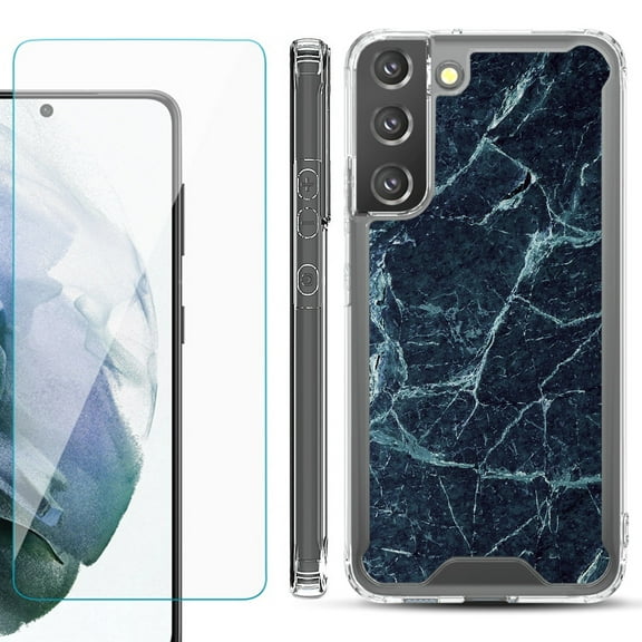 Shockproof Bumper Phone Case for Samsung Galaxy S22 5G, with Tempered Glass Screen Protector, by OneToughShield ® - Marble / Blue