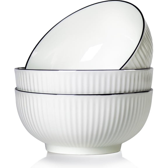 Pho Bowls,  Japanese Ramen Bowls collection of 3,  8 in Rimmed Off-White Porcelain Big Bowls designed for Eating, 60 oz Large Soup Bowl