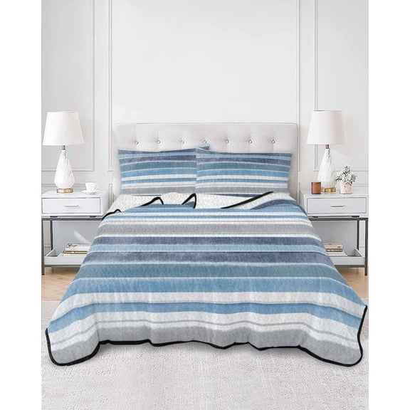 Quilts King Size, Blue Nordic Style Stripes Soft Comforter Bedding Set for Bed, Blue Gray Texture Lightweight Quilted Bedspread with Pillow Cover(2 Pieces) for All Season, 96x106 Inch