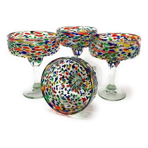 Mexican Hand Blown Glass – Set of 4 Hand Blown Margarita Glasses Confetti Rock (16 oz) …