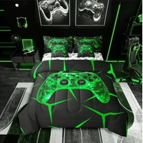 Castle Fairy Green Gamepads 7-Piece Twin Bedding Sets,3D Geometric Bedding Comforter Set,Video Game Breathable Sheet Sets,Luxury Boys Bedroom Decor,Reversible