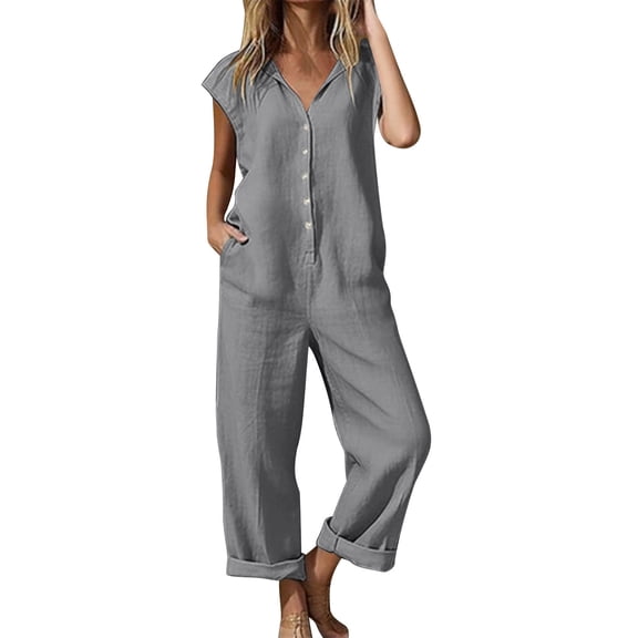 Cotton Linen Jumpsuit for Women Dressy Casual Button Down Jumpsuits Summer Loose Cap Sleeve Wide Leg Pants Overalls
