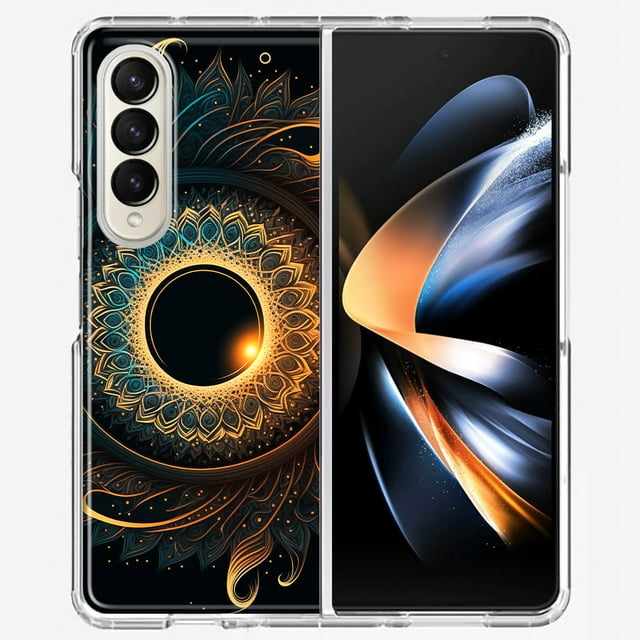 MUNDAZE Samsung Galaxy Z Fold 4 Shockproof Clear Hybrid Protective Phone Case Mandala Geometry Abstract Eclipse Pattern Cover